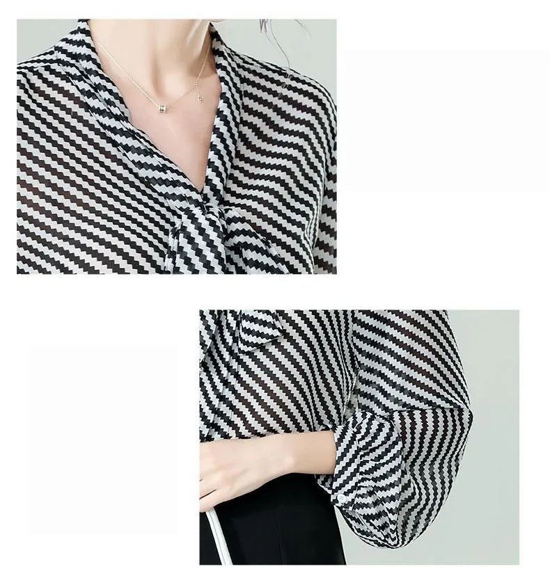 Blusa em Chiffon Listrada Manga Solta e Laço