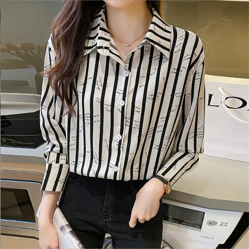 Camisa com Estampa de Risca Manga Longa Office Lady