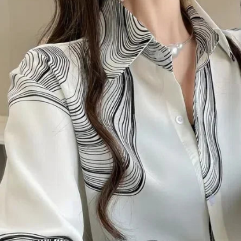 Blusa Casual Lapela Manga Longa e Chiffon