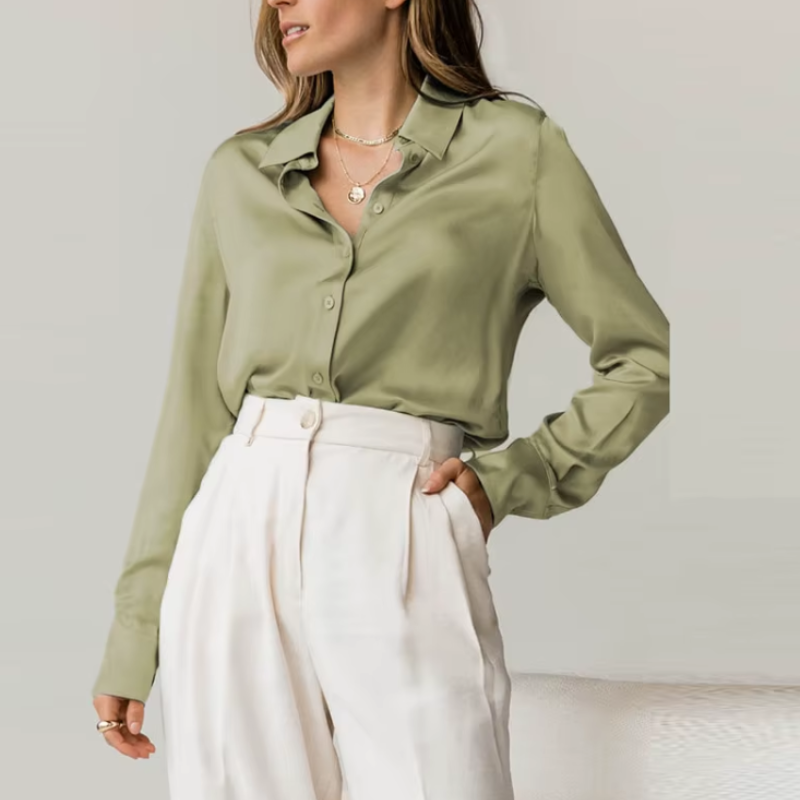 Camisa de Botão Elegante Manga Longa em de Cetim de Seda