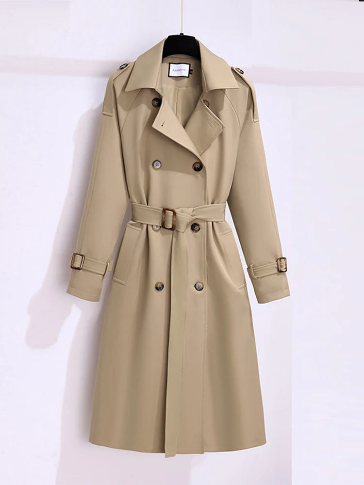 Novo 2025 feminino estilo britânico blusão streetwear duplo breasted longo trench coats feminino elegante outono inverno jaquetas casuais