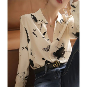 Camisa Estampada com Decote em V Manga Longa