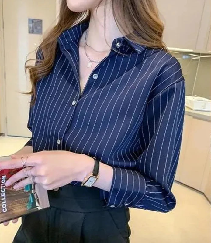 Camisa Listrada Feminina Manga Longa