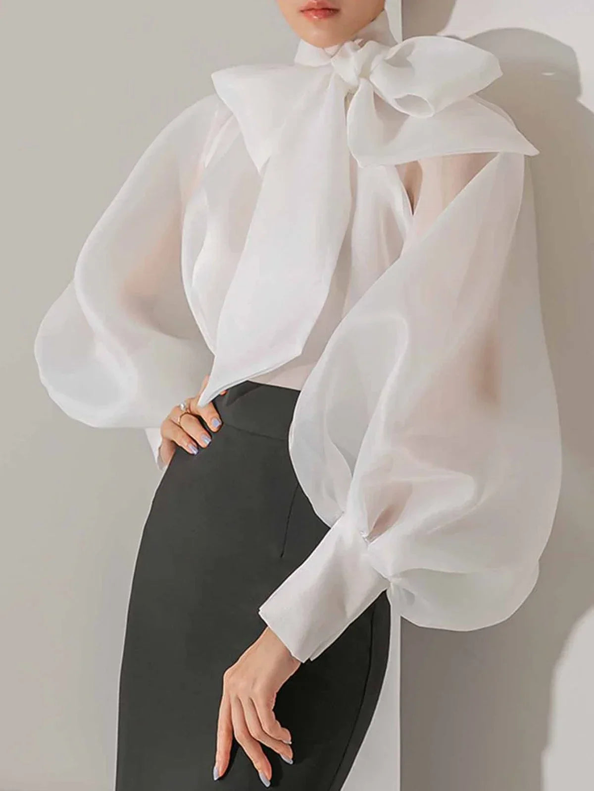 Camisa Feminina Manga Longa em Chiffon Transparente