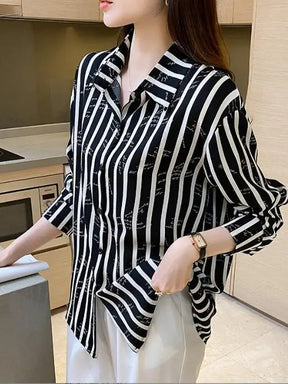 Camisa com Estampa de Risca Manga Longa Office Lady