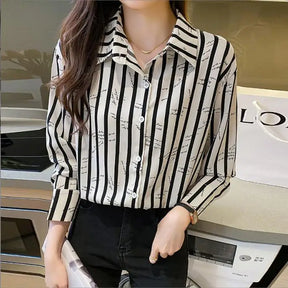 Camisa com Estampa de Risca Manga Longa Office Lady