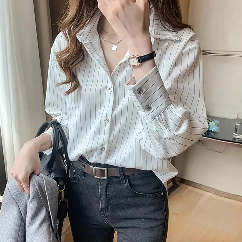 Camisa Listrada Feminina Manga Longa