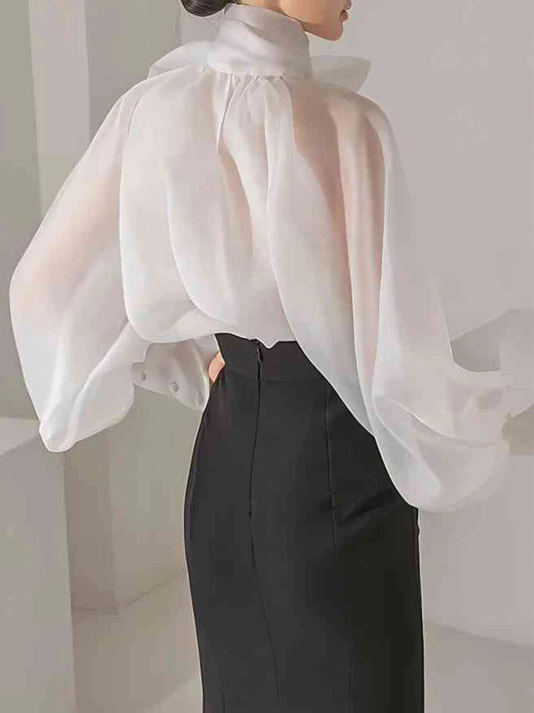 Camisa Feminina Manga Longa em Chiffon Transparente