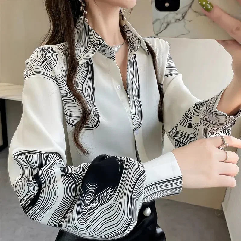 Blusa Casual Lapela Manga Longa e Chiffon
