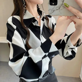Blusa Casual Lapela Manga Longa e Chiffon