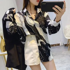Blusa Casual Lapela Manga Longa e Chiffon