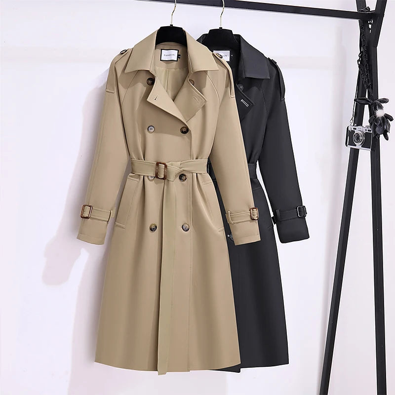 Novo 2025 feminino estilo britânico blusão streetwear duplo breasted longo trench coats feminino elegante outono inverno jaquetas casuais