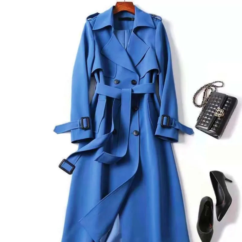 Trench coat feminino 2024 outono coreano jaqueta longa com cinto sólido trespassado estilo britânico casaco cáqui para mulher vermelho azul