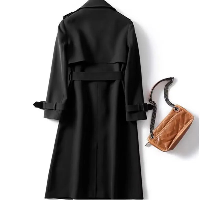 Trench coat feminino 2024 outono coreano jaqueta longa com cinto sólido trespassado estilo britânico casaco cáqui para mulher vermelho azul