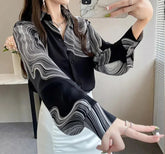 Blusa Casual Lapela Manga Longa e Chiffon