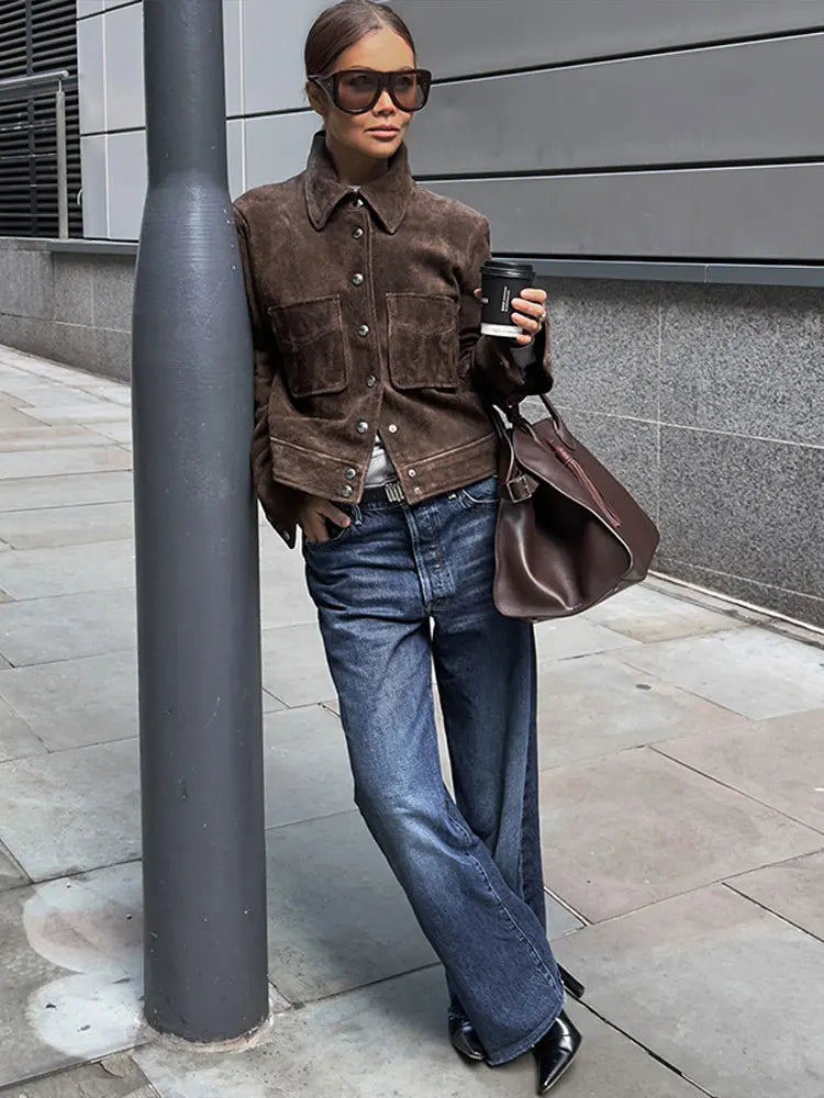 Jaquetas de Camurça Casual Solta Streetwears