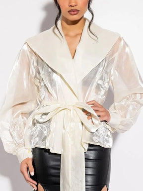 Blusa em Renda Casual Decote V Manga Longa